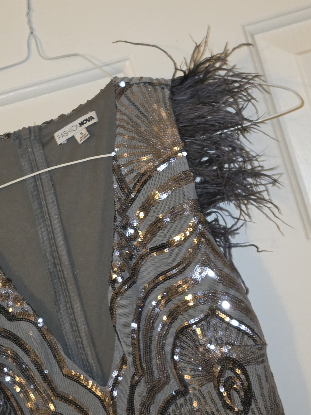 Silver Sequin Feather-Trim V-Neck Maxi Dress - Picture 4 of 6